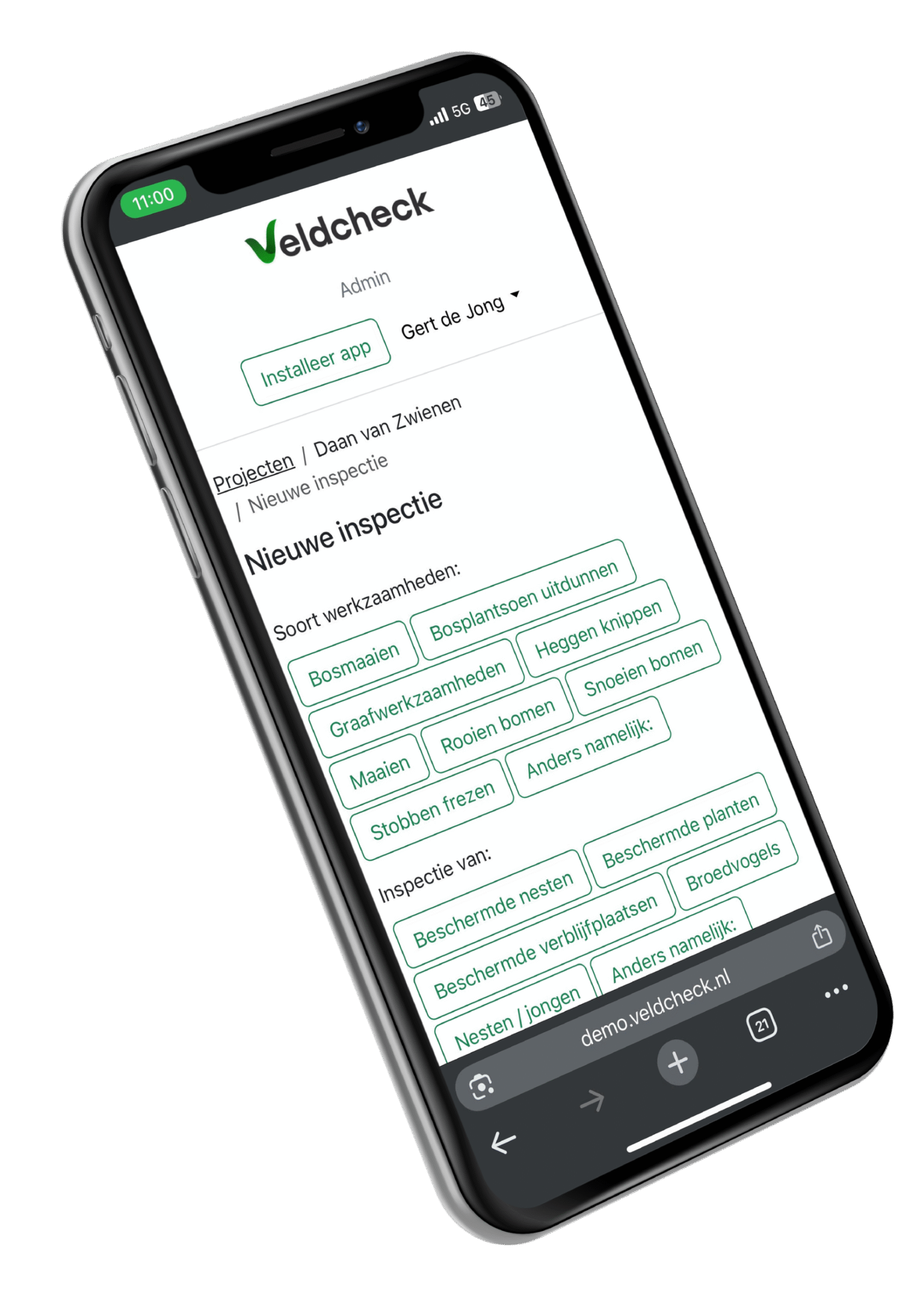 Een telefoon mockup met daarin de interface van de Veldcheck app in het scherm.